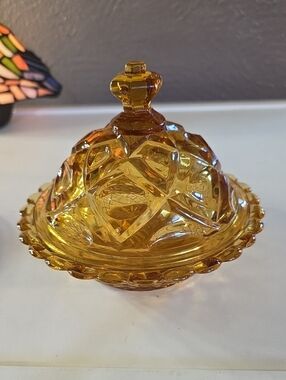 Vintage Viking Amber Glass Covered Butter Candy Dish Diamond Thumbprint